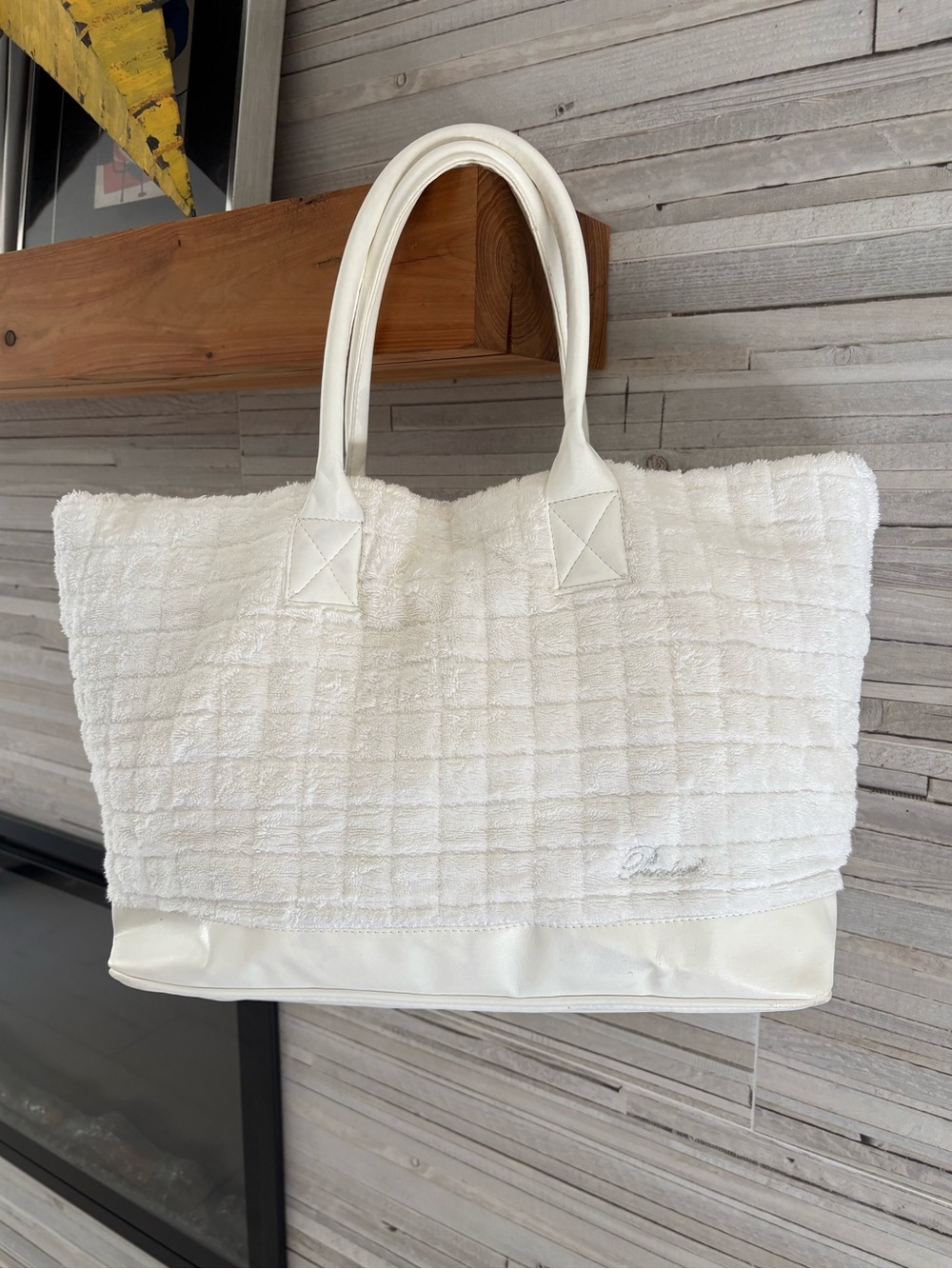 Pratesi white cotton terry cloth and leather tote bag made in Italy.